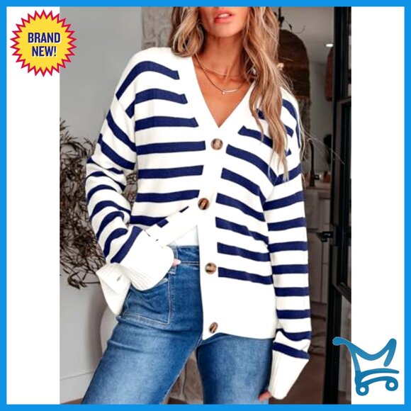 Lightweight Striped Cardigan V-Neck Open Front Button Down Sweater - Picture 3 of 7